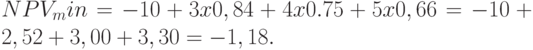 NPV_min = -10+3x0,84+4x0.75+5x0,66 = -10 +2,52 +3,00+3,30 = -1,18.