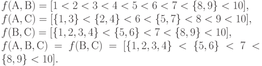 f(А, В) = [1<2<3<4<5<6<7<\{8, 9\}<10],\\
f(А, С) = [\{1,3\}<\{2, 4\}<6<\{5,7\}<8<9<10],\\
f(В, С) = [\{1,2,3,4\}<\{5,6\}<7<\{8,9\}<10],\\
f(А, В, С) = f(В, С) = [\{1,2,3,4\} <\{5,6\}<7<\{8, 9\}<10].